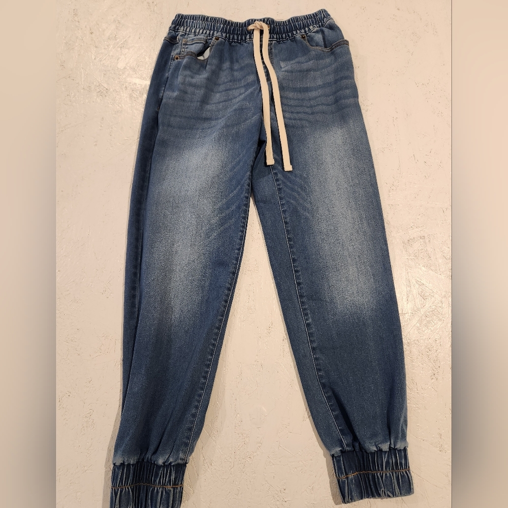 INC core denim jogger jeans fading drawstring stretch waist blue indigo - Picture 2 of 13